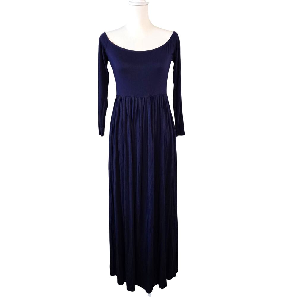 Stretch Jersey Knit Long Sleeve Maxi Dress Navy Blue M Wide Scoop Neck Minimal